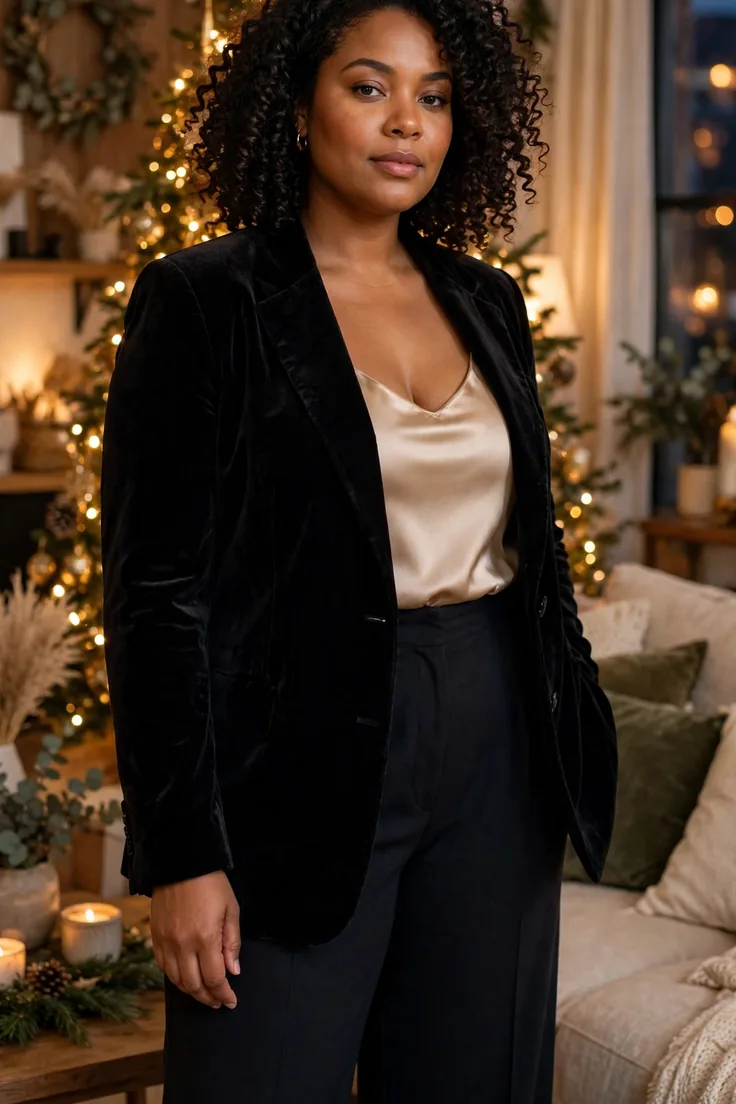 Black velvet blazer plus size holiday capsule wardrobe