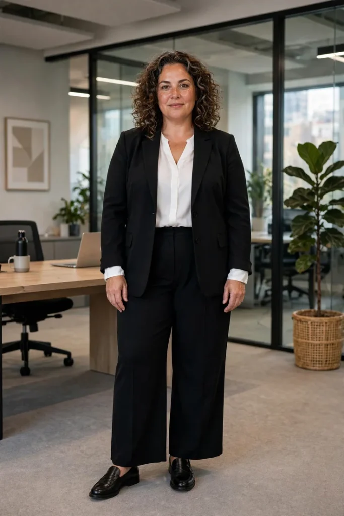 Black Blazer with White Blouse and Wide-Leg Trousers plus size work outfit