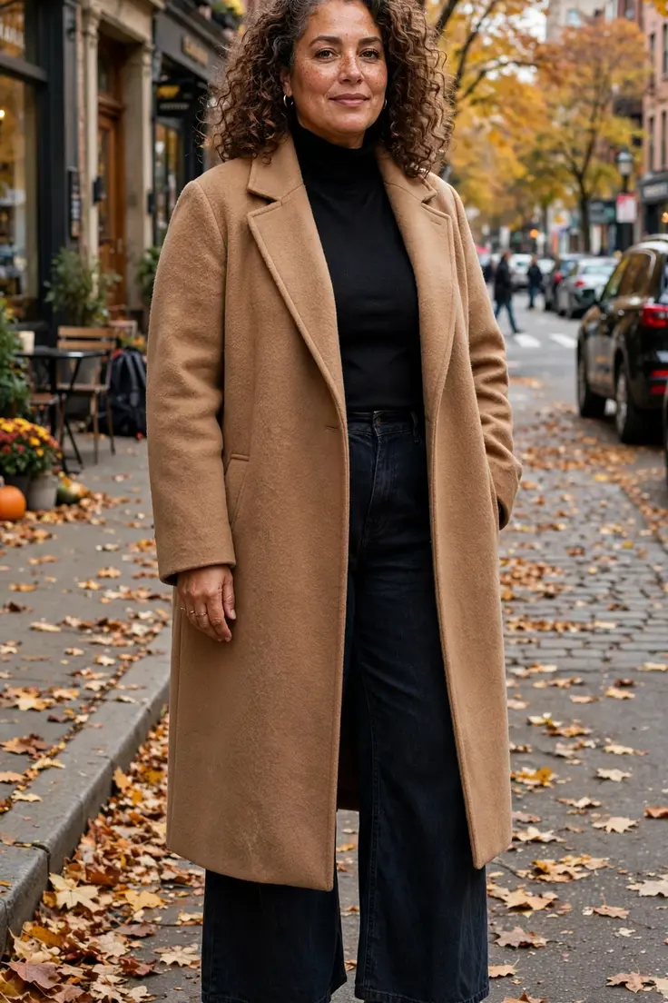 Camel Coat Black Turtleneck Wide-Leg Jeans plus size fall outfit