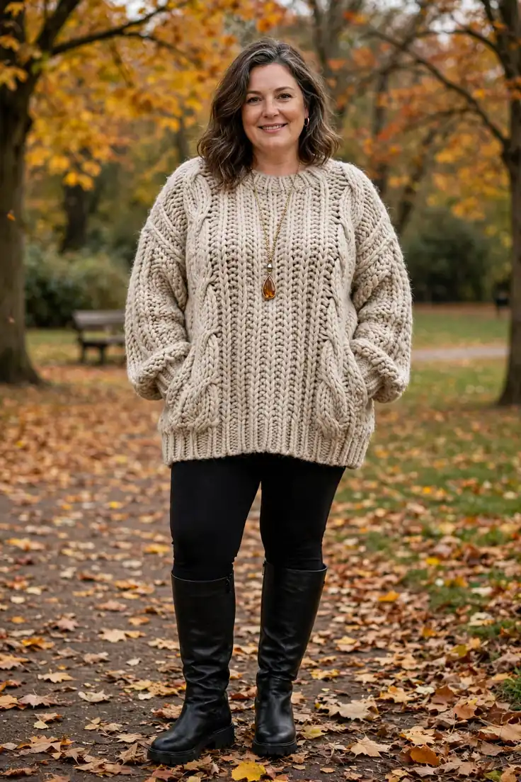 Oversized Chunky Sweater with Leggings and Knee-High Boots plus size sweater outfit