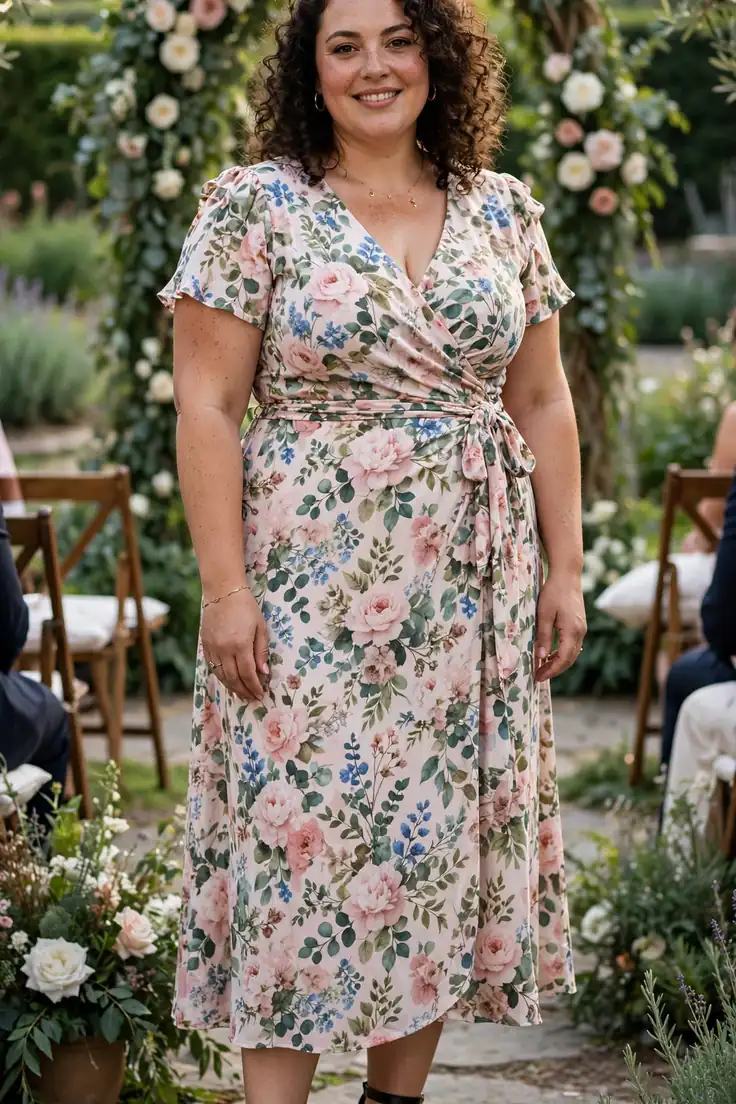 Floral Wrap Midi Dress with Block Heels plus size wedding guest outfit