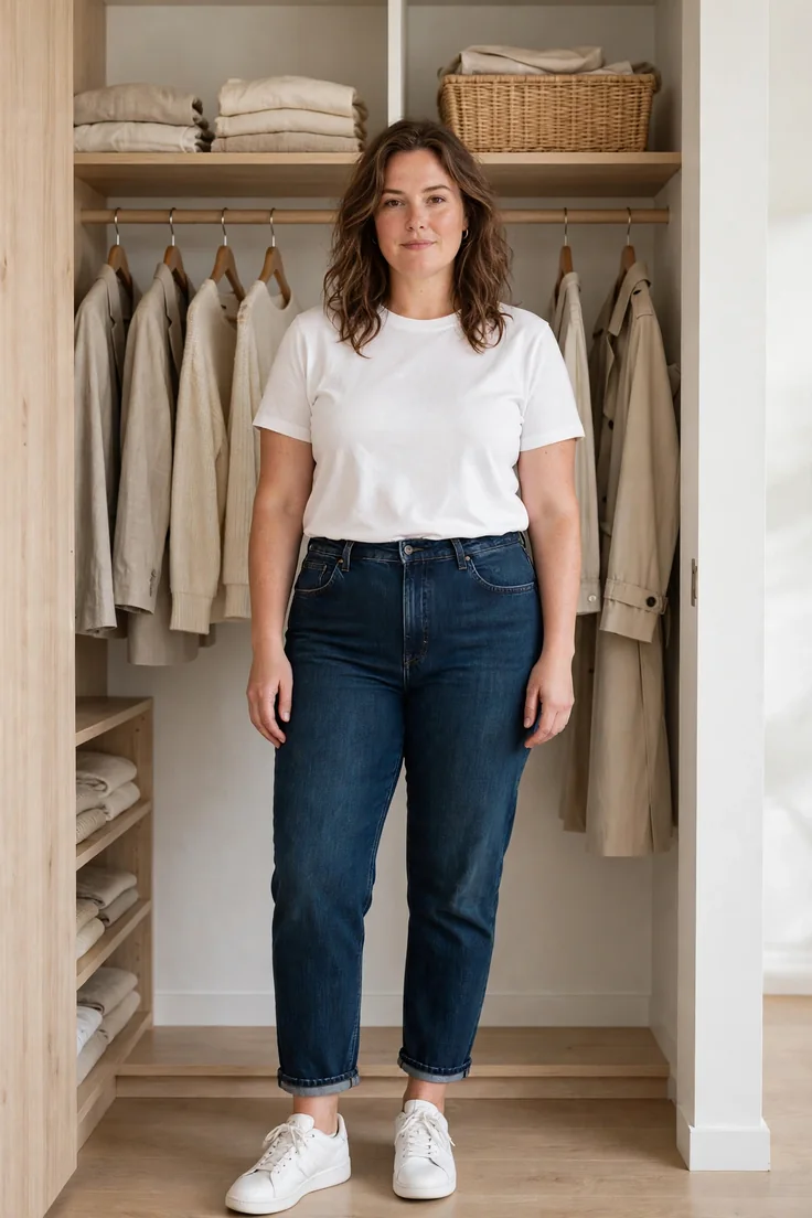 White crewneck tee plus size capsule wardrobe essential