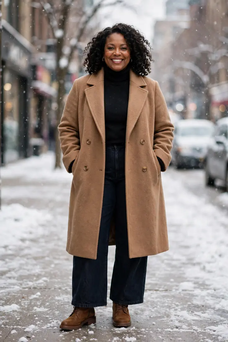 Wool Coat with Turtleneck and Wide-Leg Jeans plus size winter outfit