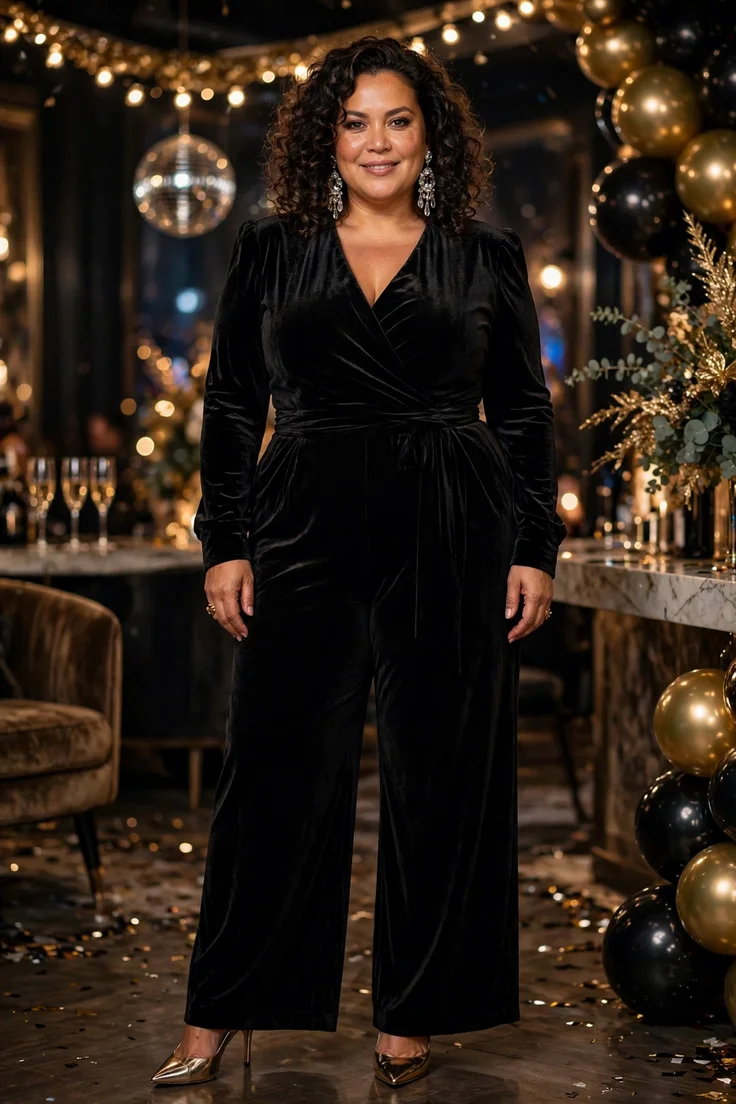 Black Velvet Jumpsuit with Crystal Earrings plus size NYE outfit