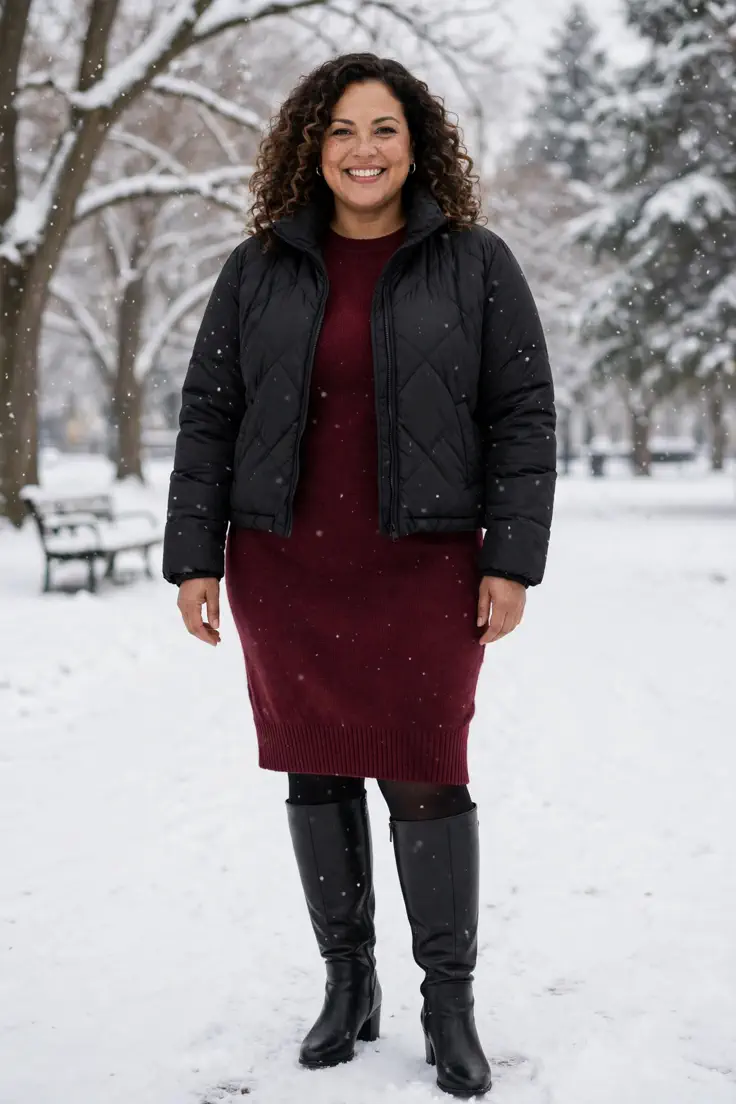Puffer Jacket with Sweater Dress and Knee-High Boots plus size winter outfit