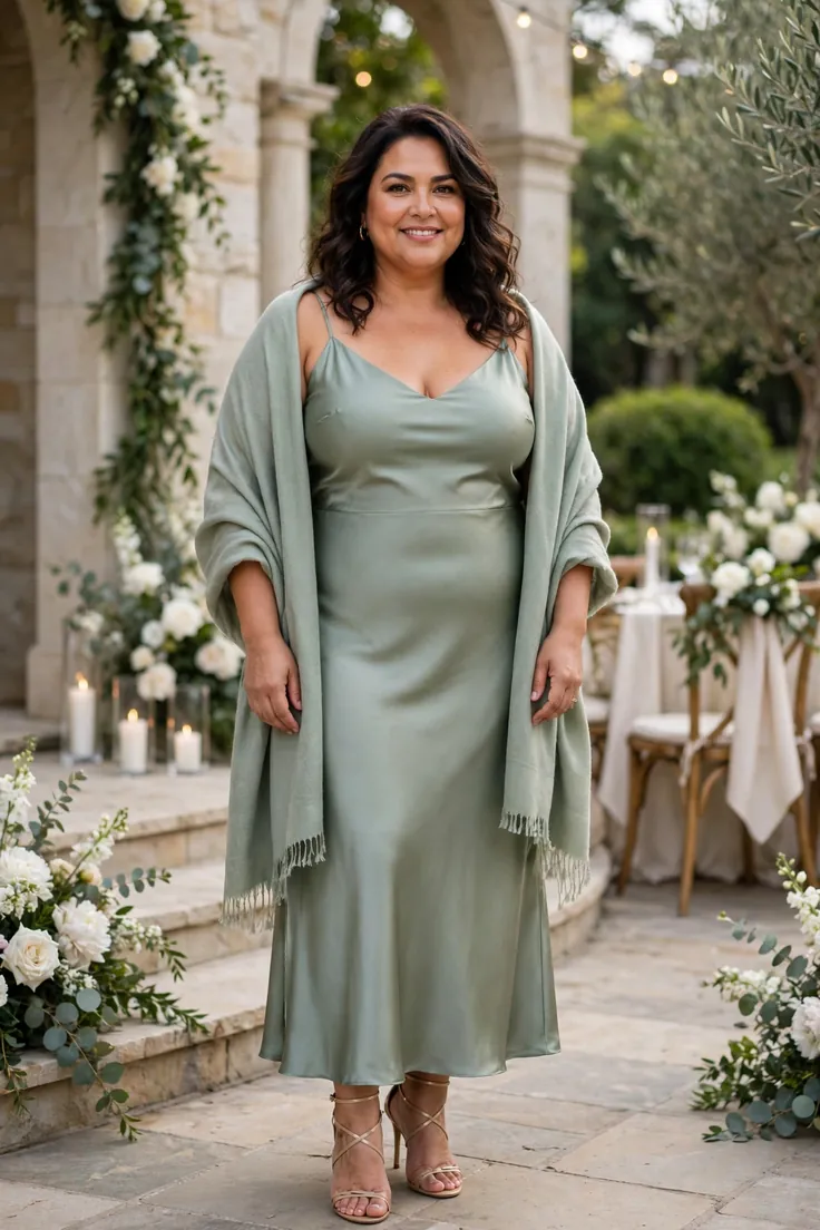 Satin Slip Dress with Strappy Heels and Shawl plus size wedding guest outfit