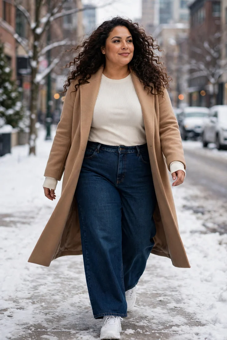 Thermal set under wide leg jeans and a wool coat plus size winter layering outfit