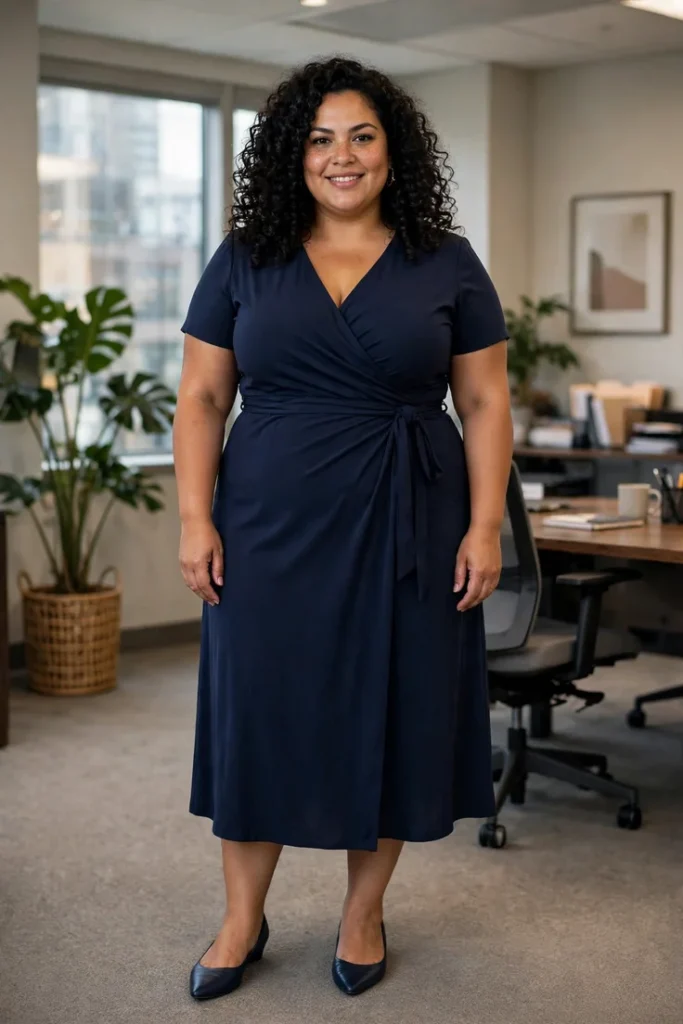Wrap Dress with Pointed Flats plus size work outfit
