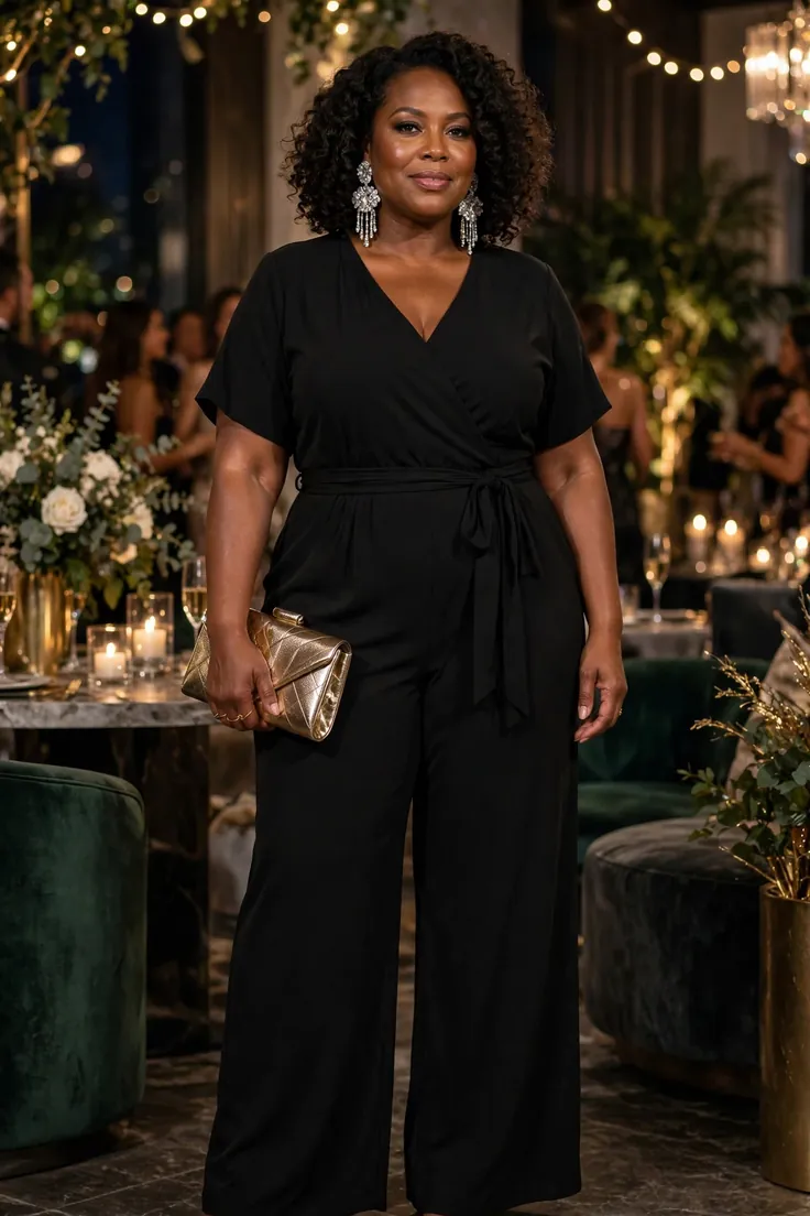 Black Jumpsuit with Statement Earrings plus size holiday party outfit