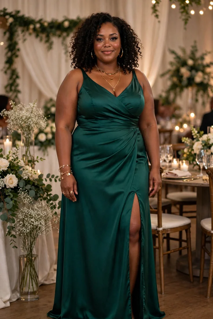 Emerald Green Maxi Dress with Gold Jewelry plus size wedding guest outfit