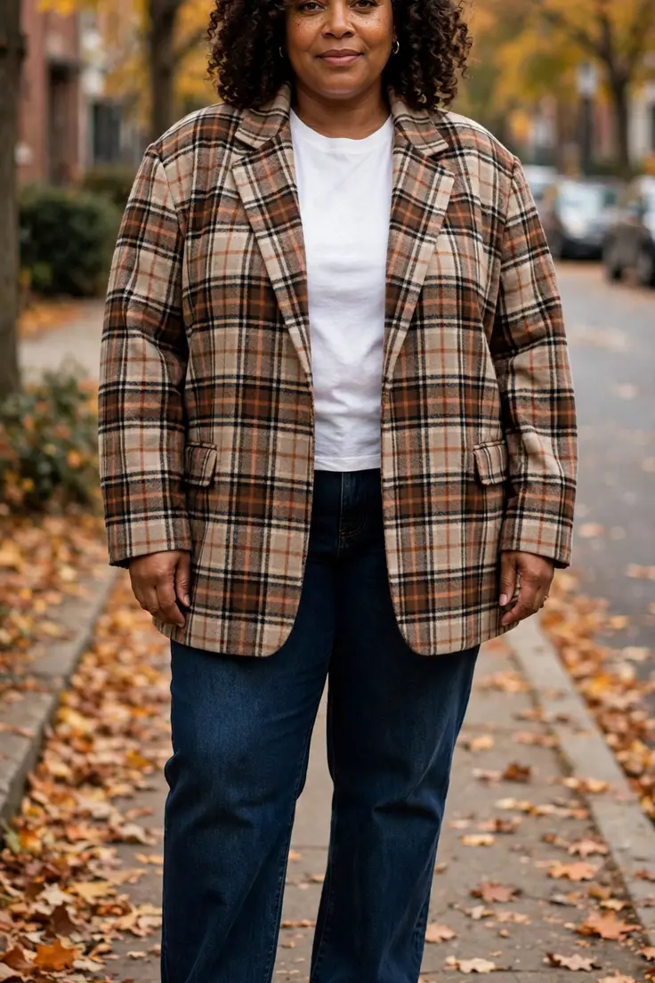 Plaid Blazer White Tee Dark Straight Jeans plus size fall outfit