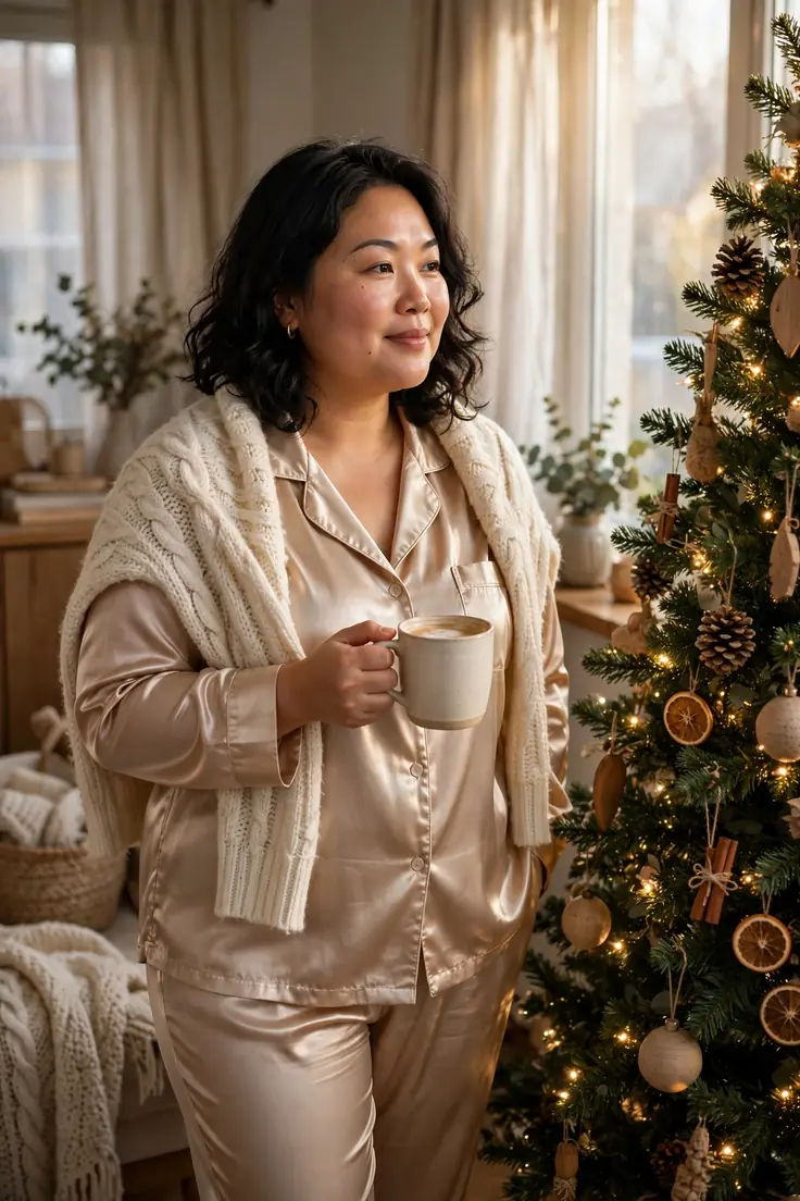 Satin pajama set with a soft cardigan plus size christmas morning outfit
