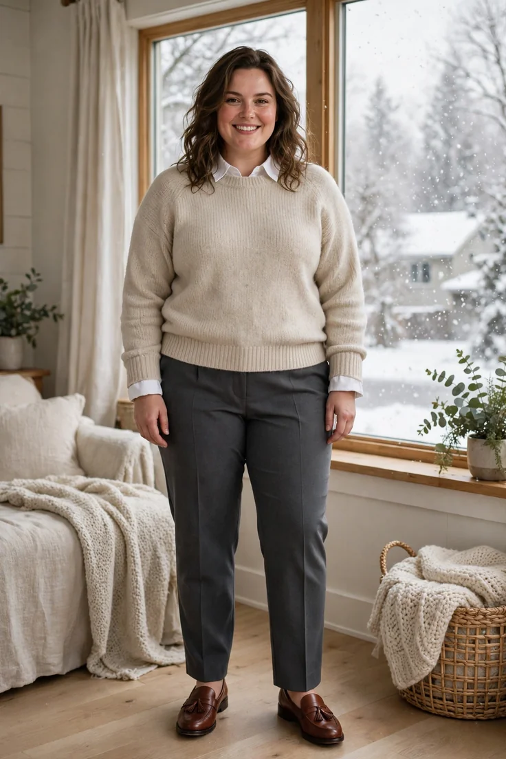 Sweater over a collared shirt with trousers plus size winter layering outfit