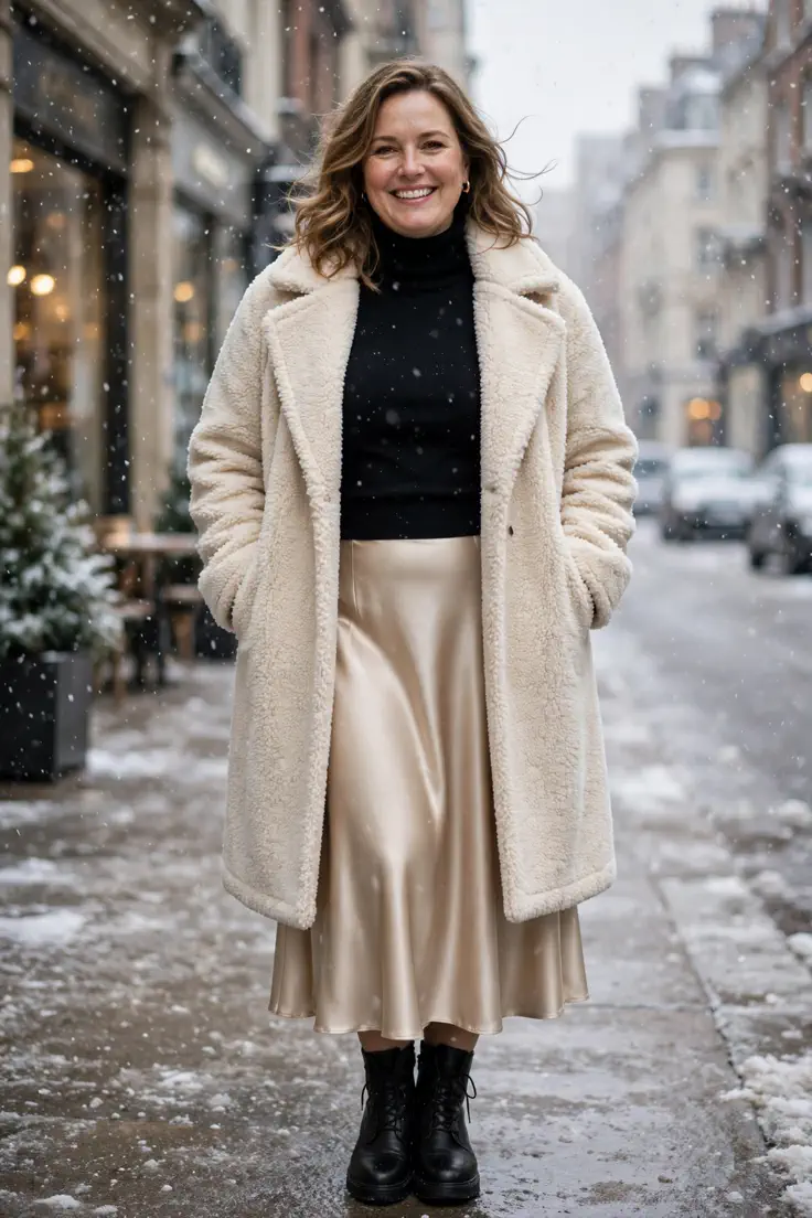 Teddy Coat with Satin Skirt and Turtleneck plus size winter outfit