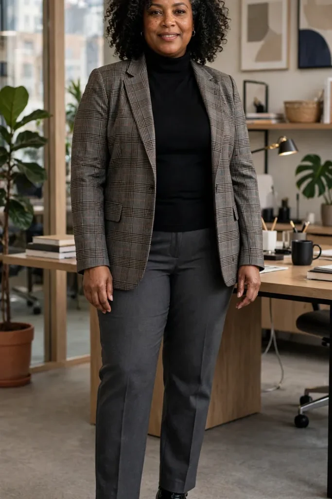Turtleneck with Plaid Blazer and Straight Trousers plus size work outfit