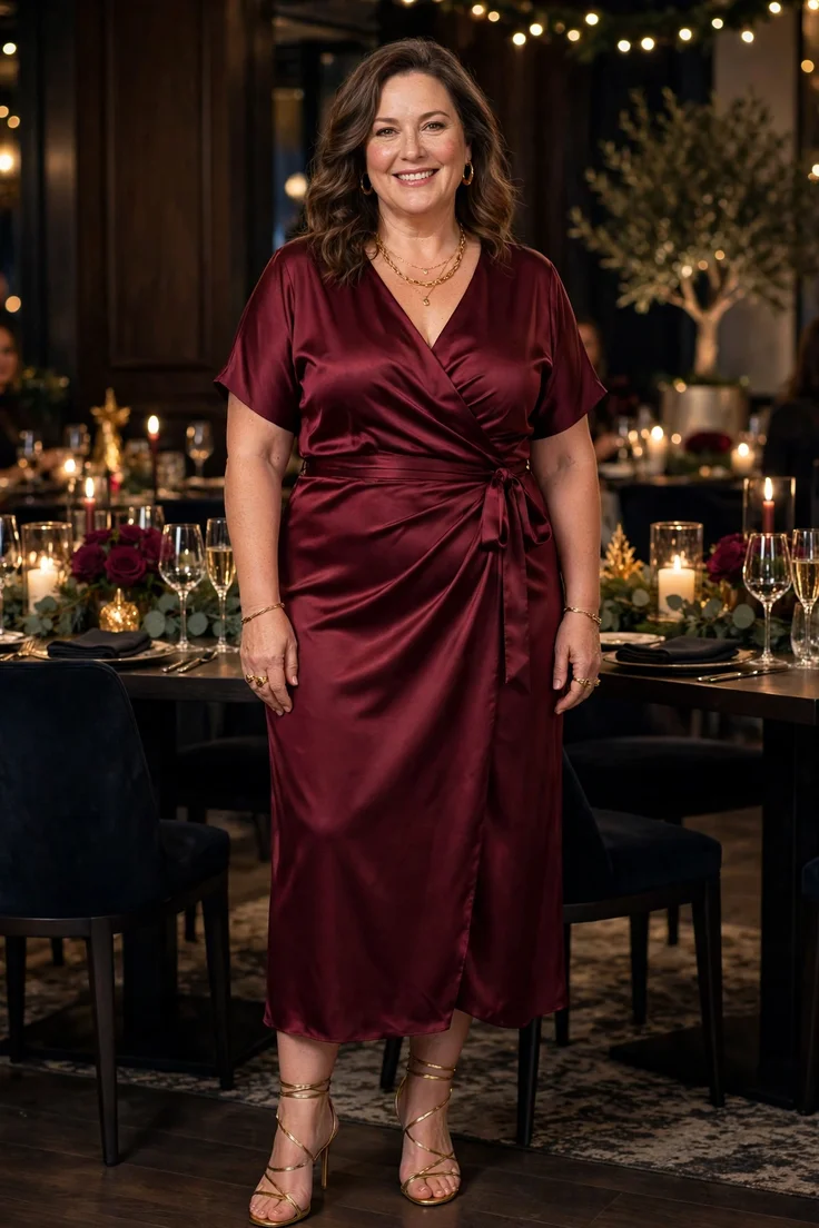 Burgundy Satin Wrap Dress with Strappy Heels plus size NYE outfit