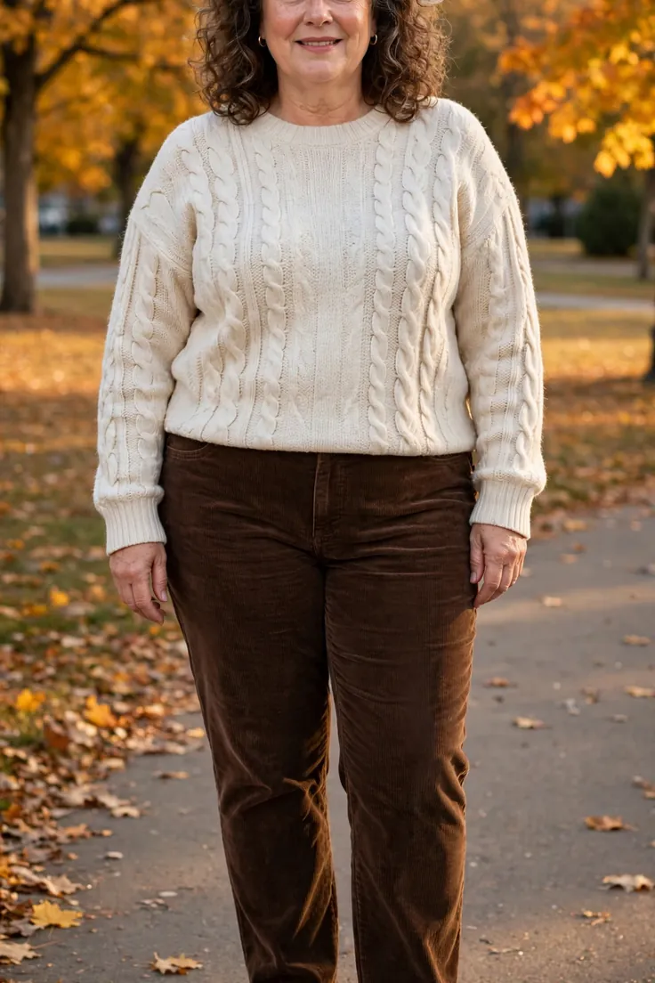Cable-Knit Sweater with Corduroy Pants plus size sweater outfit