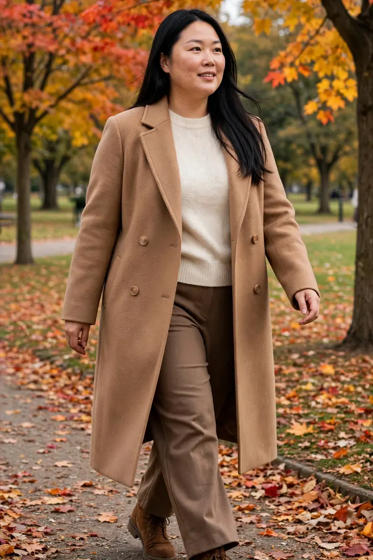 Camel wool coat plus size fall basic