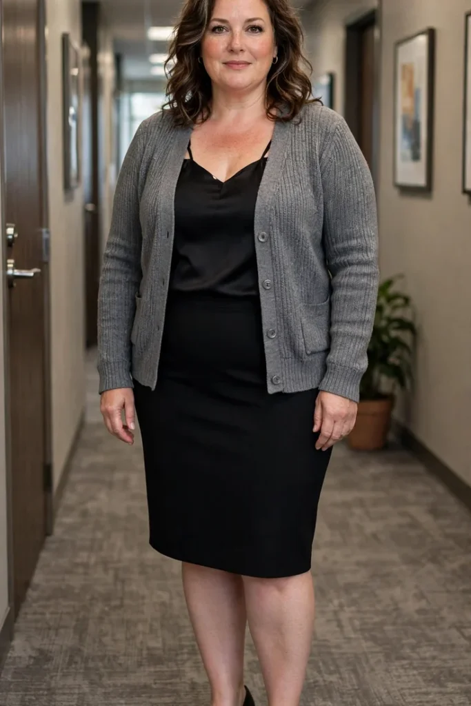 Cardigan with Shell Top and Pencil Skirt plus size work outfit