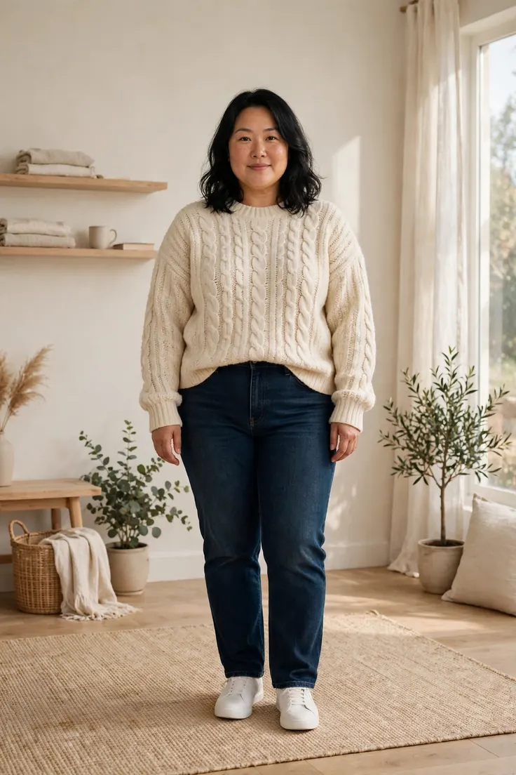 Cream knit sweater plus size capsule wardrobe essential