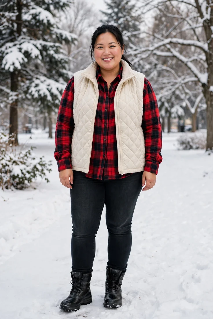 Fleece vest over a flannel with jeans plus size winter layering outfit