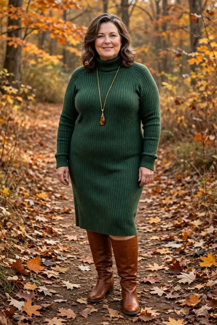 Forest Green Sweater Dress Cognac Knee-High Boots plus size fall outfit