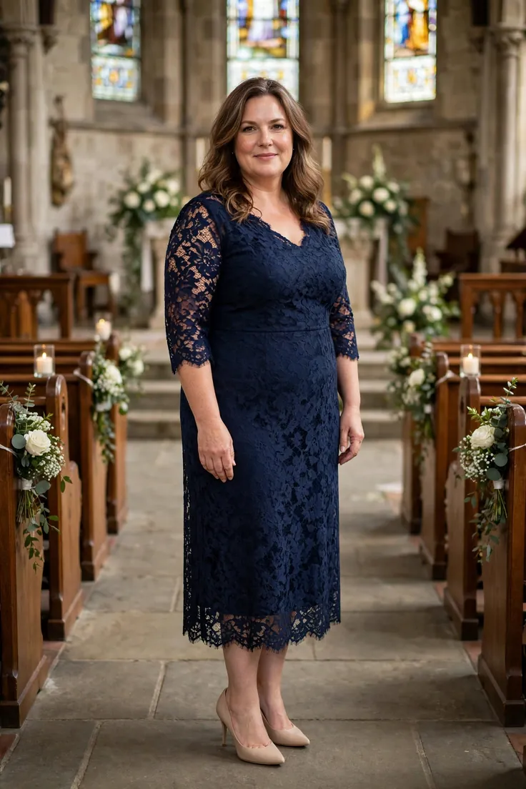 Navy Lace Midi Dress with Nude Heels plus size wedding guest outfit