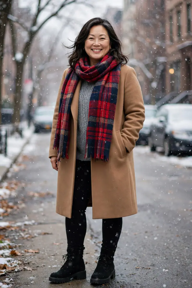Plaid Scarf with Camel Coat and Black Leggings plus size winter outfit
