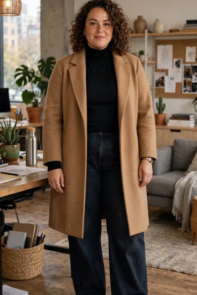 Camel Coat with Turtleneck and Wide-Leg Jeans (Casual Friday) plus size work outfit