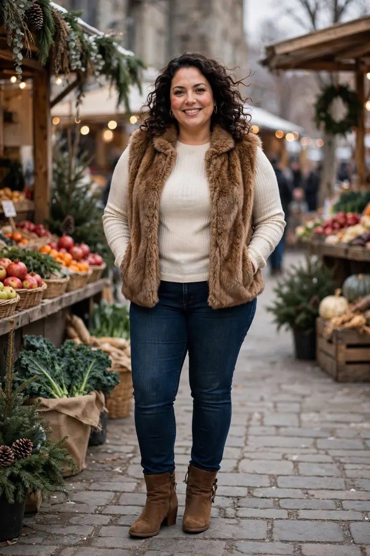 Faux Fur Vest with Long-Sleeve Top and Dark Jeans plus size winter outfit