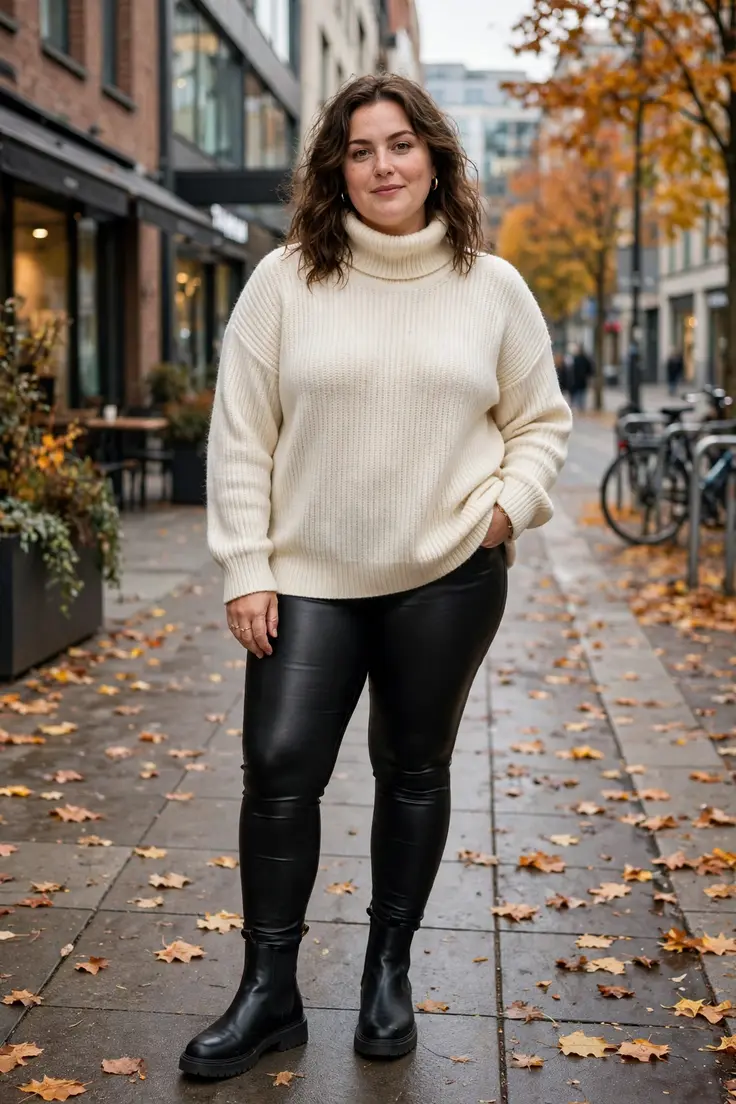 Funnel-Neck Sweater with Leather-Look Leggings plus size sweater outfit