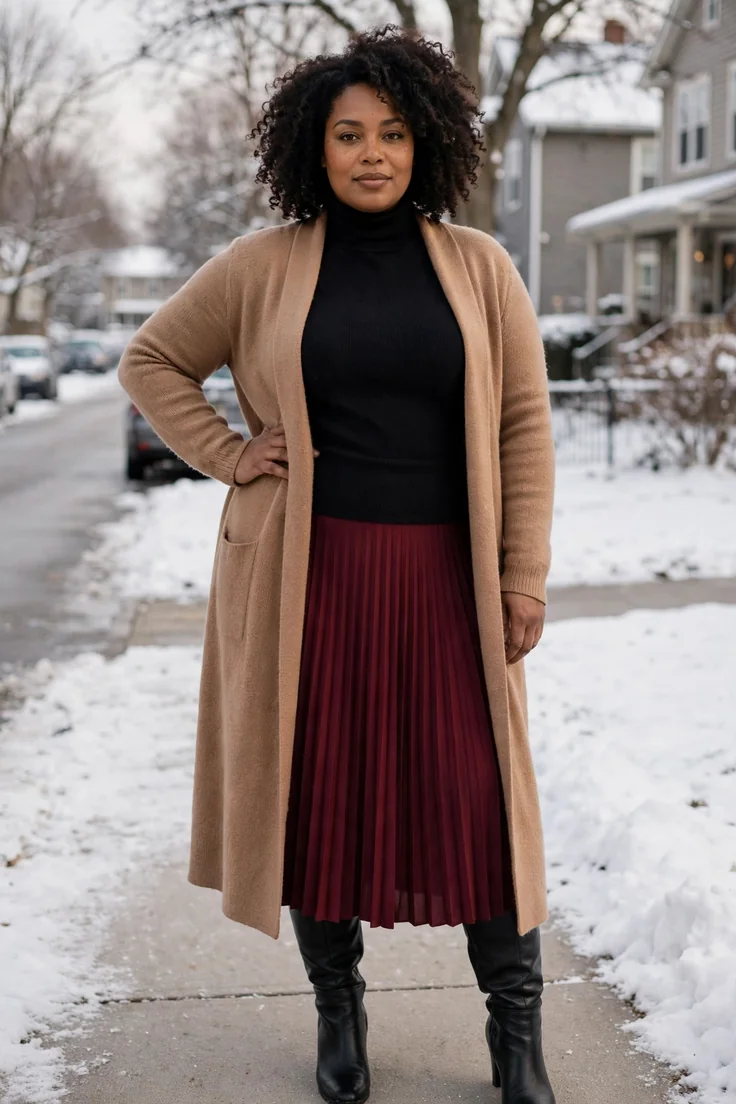 Longline cardigan over a turtleneck and midi skirt plus size winter layering outfit