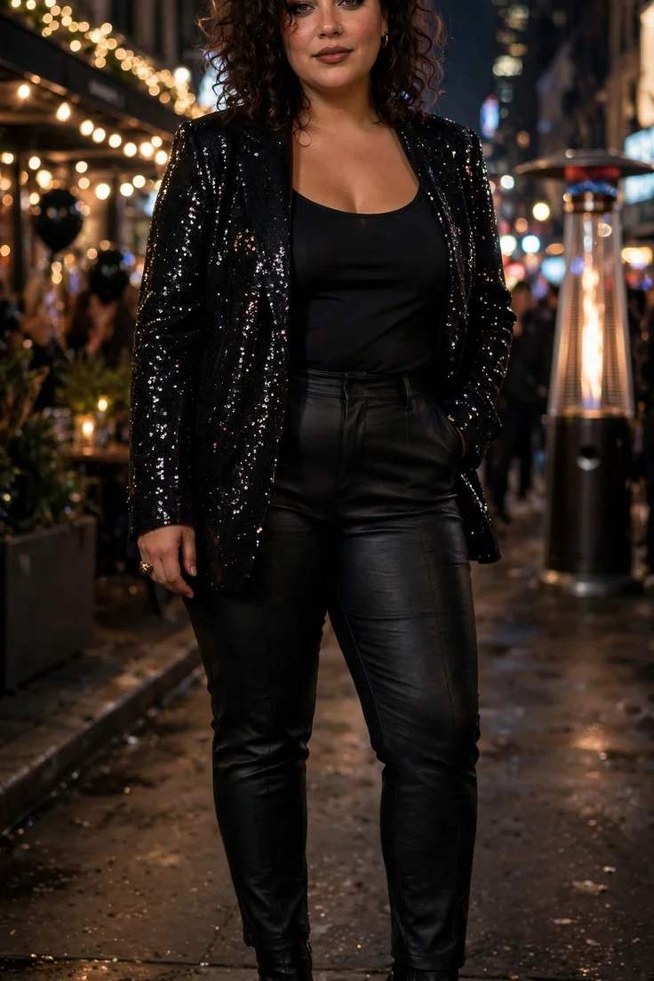 Black Sequin Blazer with Leather-Look Pants plus size NYE outfit