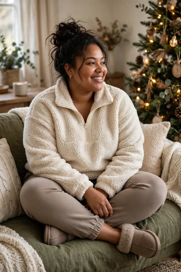 Sherpa pullover with cozy joggers plus size christmas morning outfit