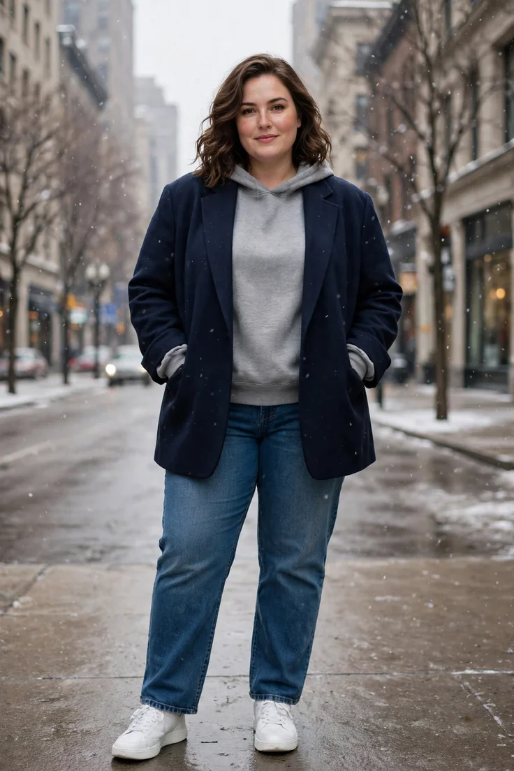 Blazer over a hoodie with straight leg jeans plus size winter layering outfit