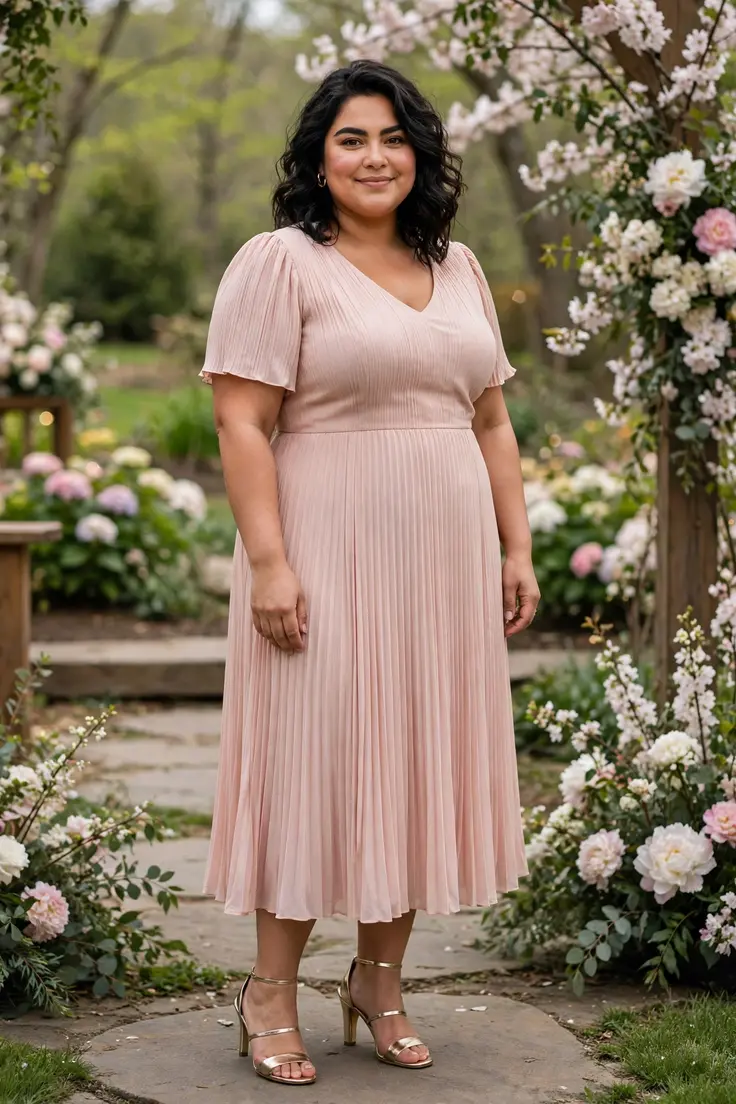 Blush Pink Pleated Dress with Metallic Heels plus size wedding guest outfit