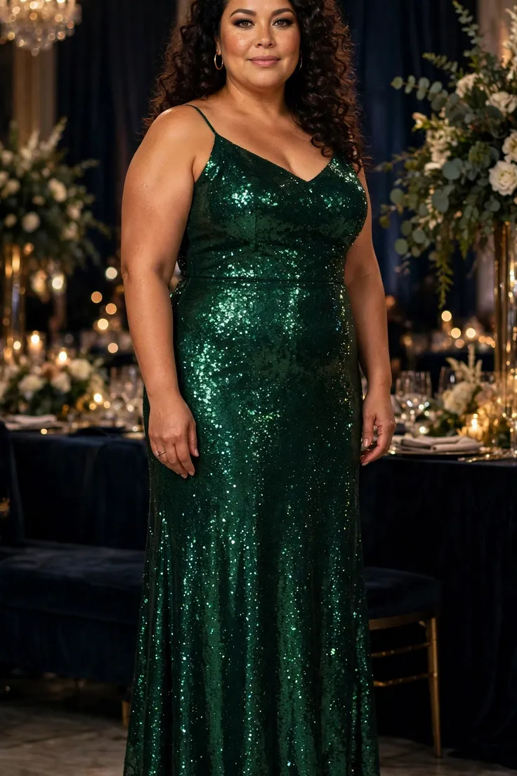 Emerald Green Sequin Gown with Minimal Jewelry plus size NYE outfit
