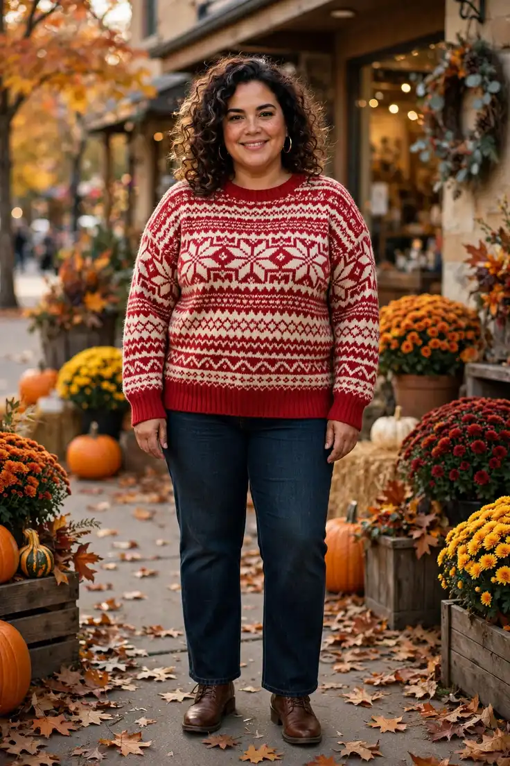 Fair Isle Sweater with Dark Straight Jeans plus size sweater outfit