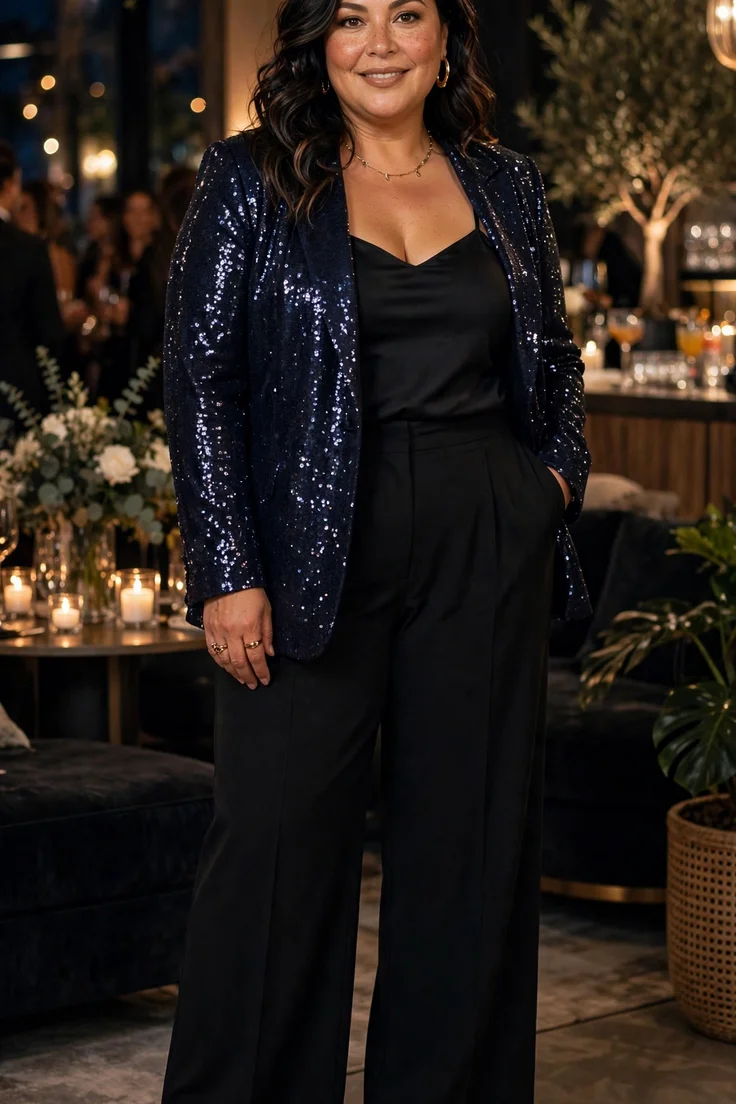 Navy Sequin Blazer with Black Trousers plus size holiday party outfit