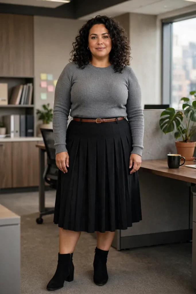 Pleated Midi Skirt with Fitted Sweater and Belt plus size work outfit