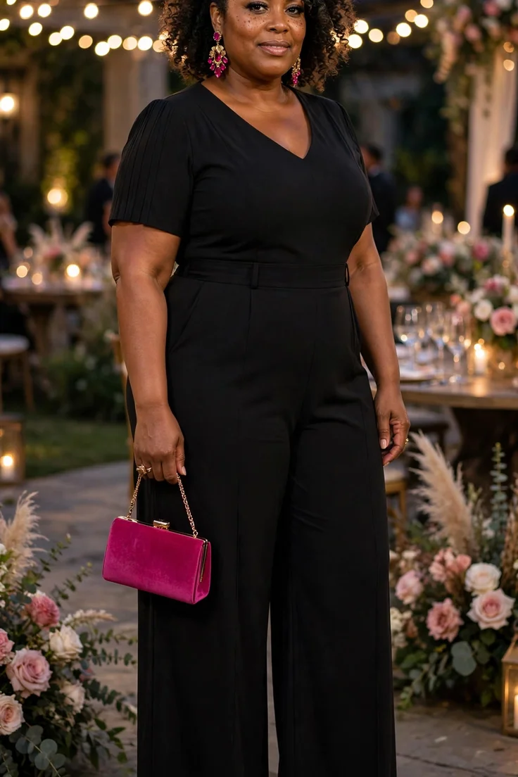 Black Jumpsuit with Colorful Accessories plus size wedding guest outfit