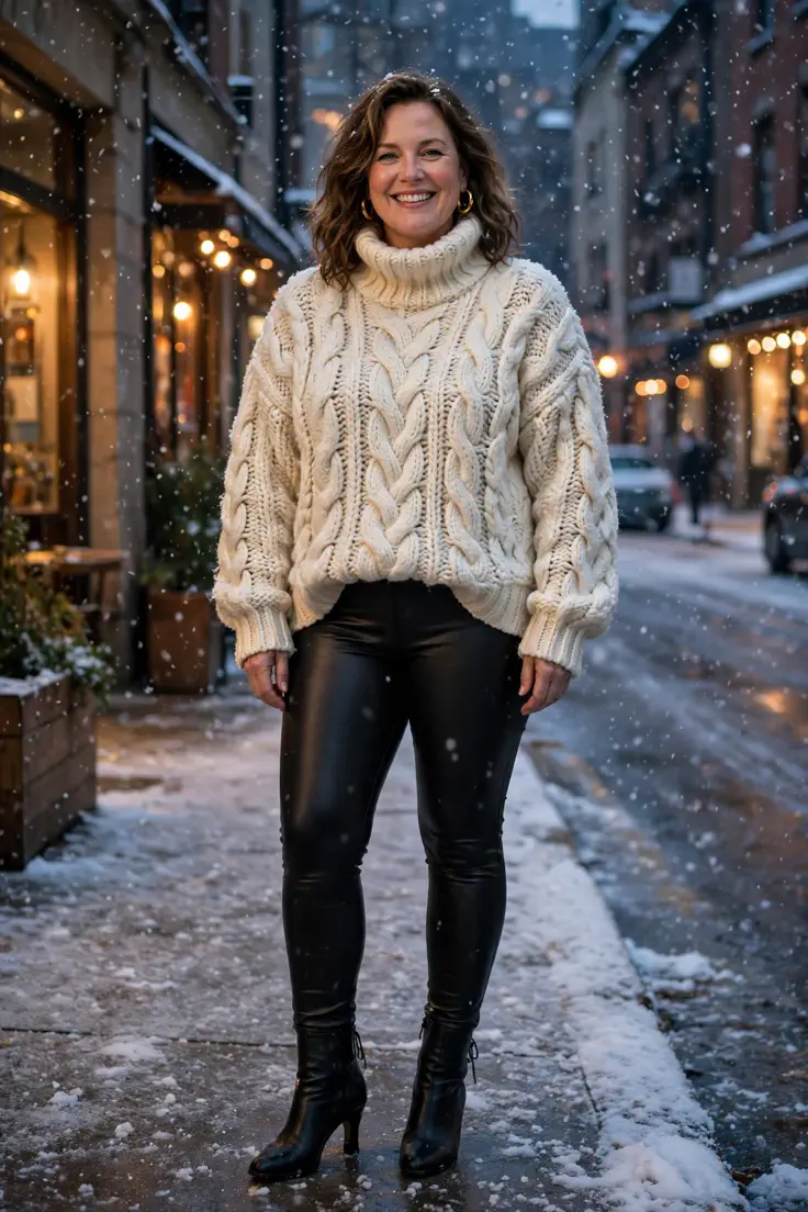 Chunky Knit Sweater with Faux Leather Leggings plus size winter outfit