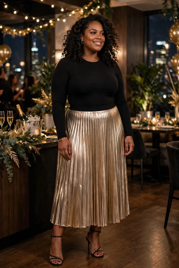 Champagne Metallic Pleated Skirt with Black Bodysuit plus size NYE outfit