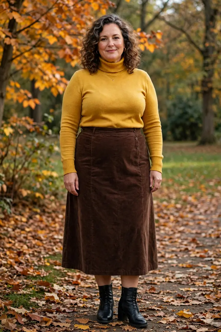 Mustard Turtleneck Brown Corduroy Midi Skirt plus size fall outfit