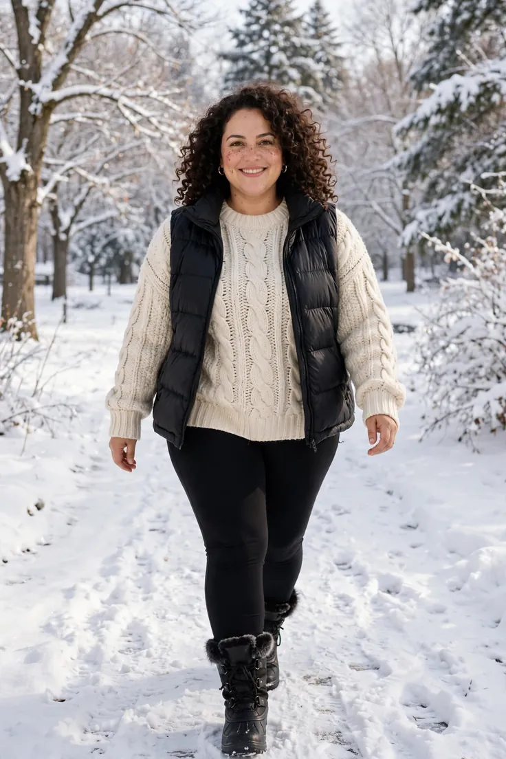 Puffer vest over a chunky sweater and leggings plus size winter layering outfit