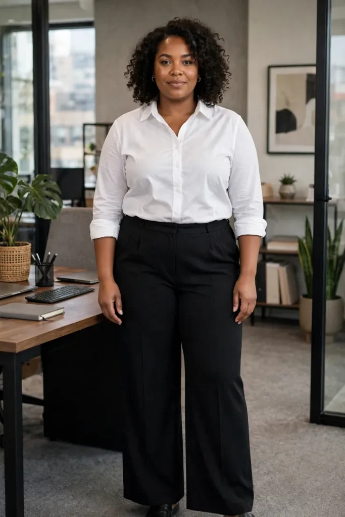 White Button-Up with Black Wide-Leg Pants (Done Right) plus size work outfit