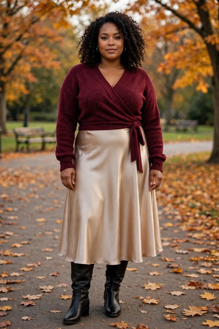 Wrap Sweater with Satin Midi Skirt plus size sweater outfit