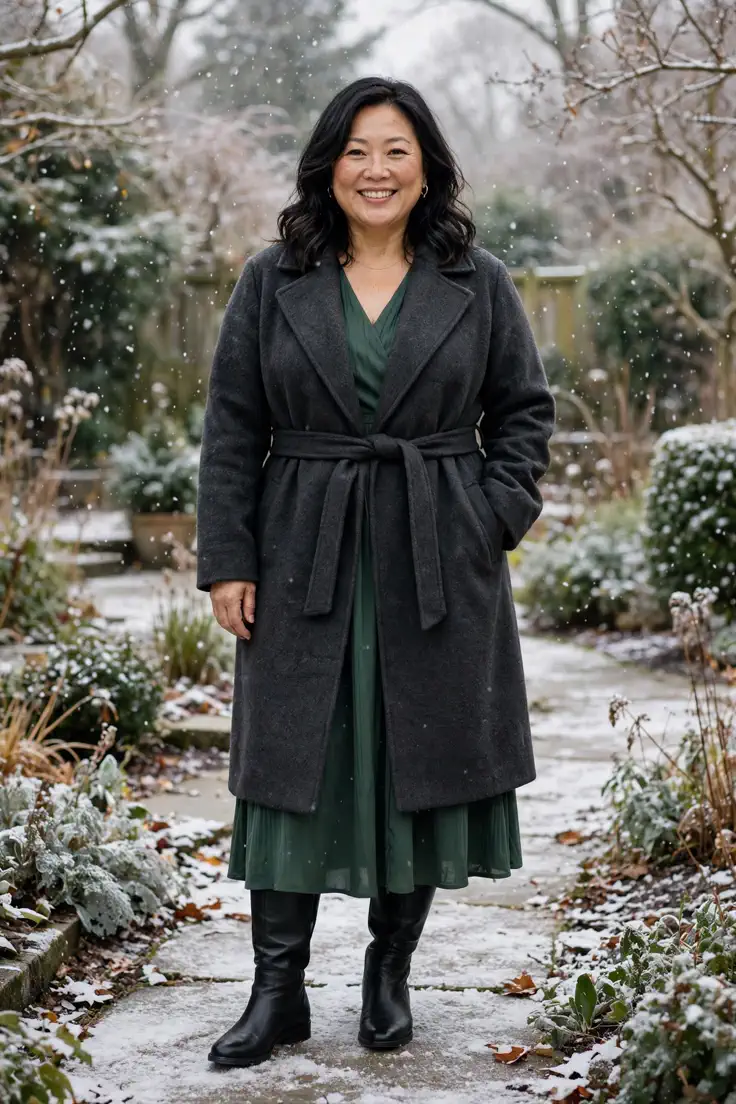Belted Wool Wrap Coat with Midi Dress plus size winter outfit