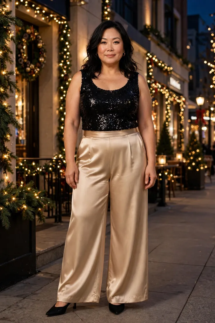 Champagne Satin Wide-Leg Pants with Black Sequin Top plus size holiday party outfit
