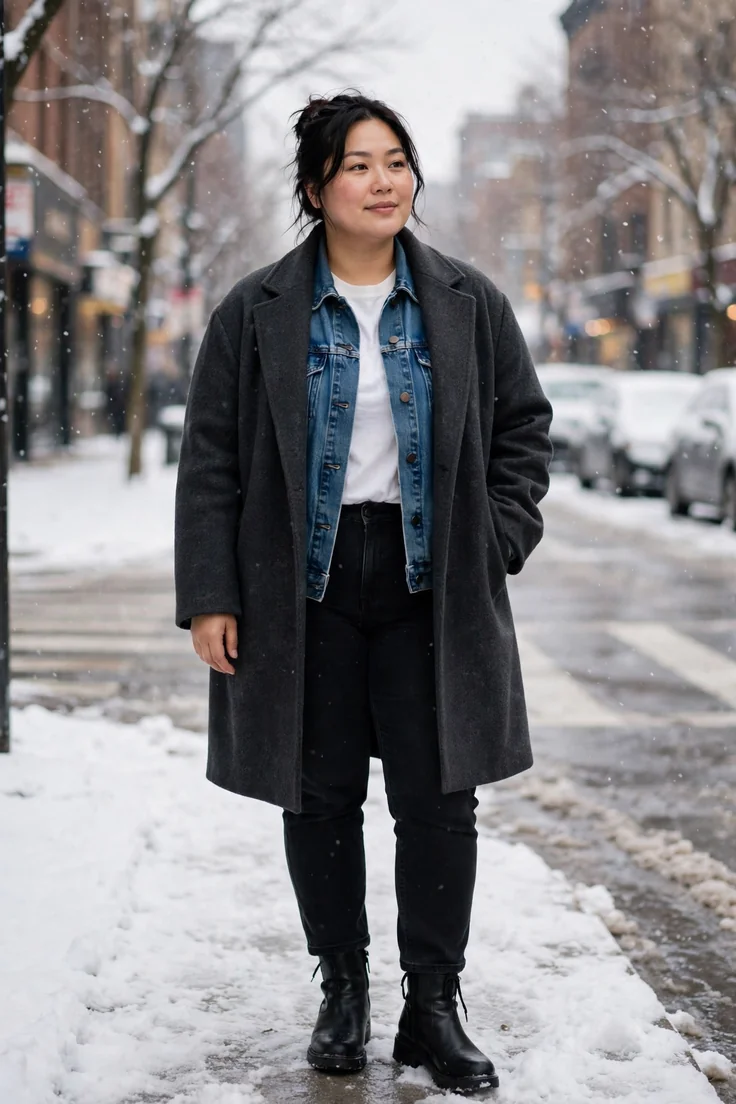 Denim jacket under a wool coat plus size winter layering outfit